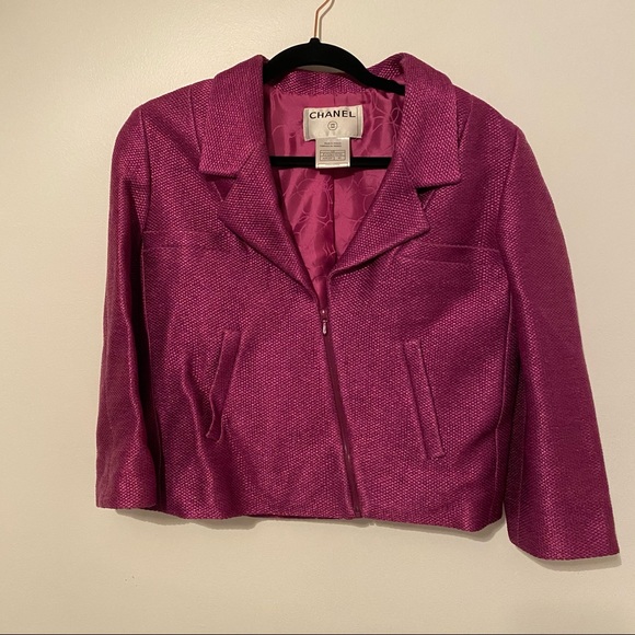 Chanel 2001 Magenta Purple Metallic Cropped Jacket with Asymmetrical Zipper